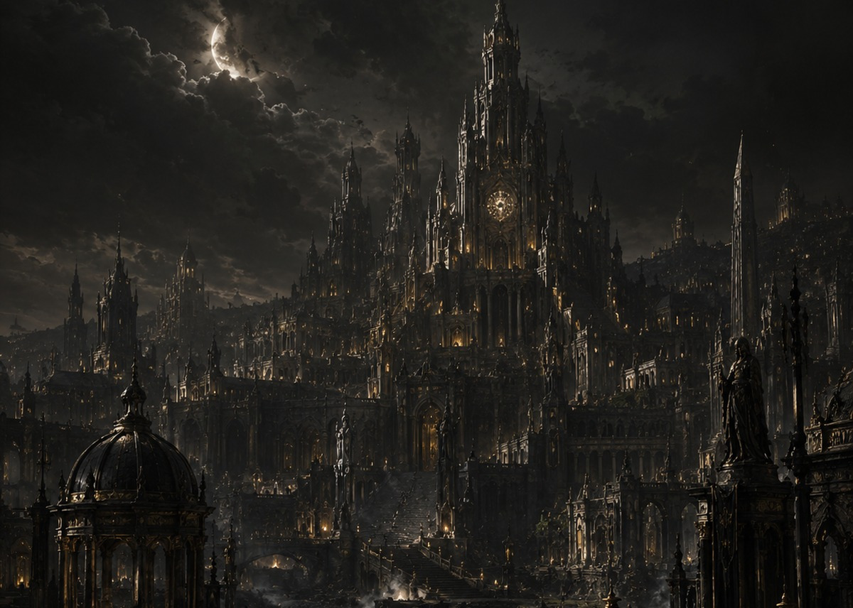 Ruined gothic city of Vharin beneath the underworld vault