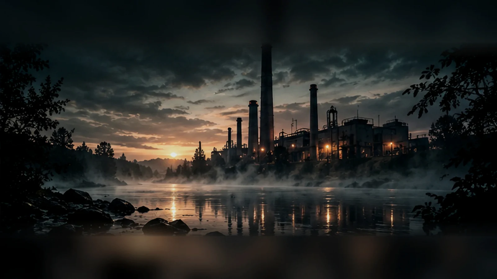 Industrial river under storm clouds: Environmental Crimes Files collection atmosphere